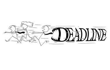 Sticker - Cartoon stick figure drawing conceptual illustration of group of business people running in panic with big deadline text or letters with teeth chasing him to devour him.