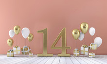 Number 14 Birthday Party Composition With Balloons And Gift Boxes. 3D Rendering