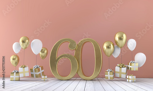 Photographie Number 60 birthday party composition with balloons and gift boxes