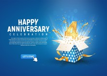 4 Th Year Anniversary Banner With Open Burst Gift Box. Template Fourth Birthday Celebration And Abstract Text On Blue Background Vector Illustration