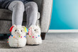 © manuta - Young girl is wearing cute soft 3d llama slippers