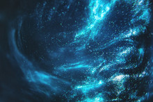 Abstract Dark Blue And Emerald Glitter Shimmering Magic Underwater Space Background. De-focused