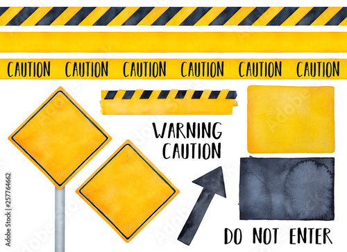 Cuadros en Lienzo Collection of various warning signs, seamless caution tapes, text messages and attension symbols