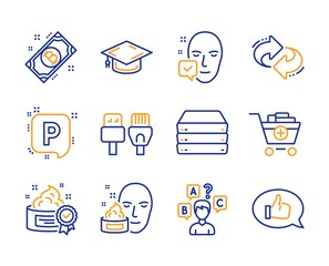 Computer cables, Face accepted and Face cream icons simple set. Refresh, Parking and Servers signs. Cream, Add products and Bitcoin symbols. Quiz test, Graduation cap and Feedback. Vector