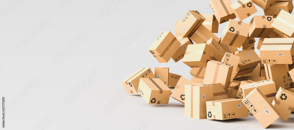 Cardboard boxes with empty space on left side, logistics and delivery concept. 3D Rendering - obrazy, fototapety, plakaty 