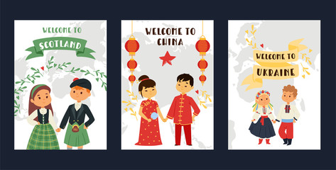 Wall Mural - Children nationalities vector kids characters in traditional costume national dress of China Ukraine Scotland culture illustration backdrop of international multicultural friendship background