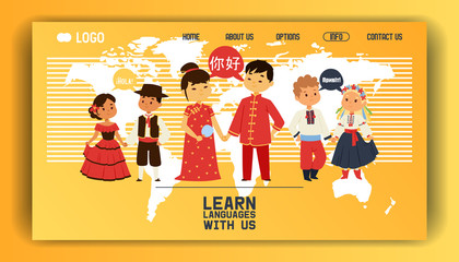 Children nationalities vector web page kids characters in traditional costume national dress of China Ukraine Spain culture illustration backdrop of multicultural different languages background