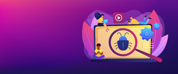 Tiny business people with digital devices testing demo software. Beta testing, new product testing, presale user experience concept. Header or footer banner template with copy space.
