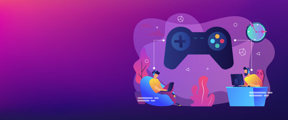 tiny people gamers playing online video game, huge joystick and clock. gaming disorder, video gaming