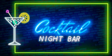 Cocktail Neon Sign Vector Design Template. Night Club Neon Frame Light Banner Design Element, Colorful Modern Design Trend, Night Bright Advertising, Bright Sign. Vector Illustration