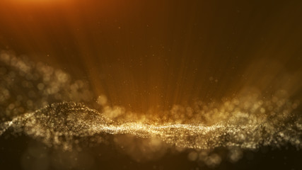 Wall Mural - Dark brown background, digital signature with particles, sparkling waves, curtains and areas with deep depths. The particles are golden light lines.