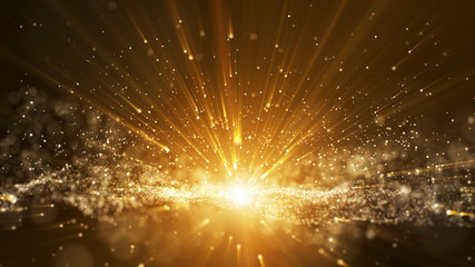 Dark brown background, digital signature with particles, sparkling waves, curtains and areas with deep depths. The particles are golden light lines.