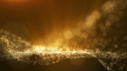 Wall Mural - Dark brown background, digital signature with particles, sparkling waves, curtains and areas with deep depths. The particles are golden light lines.