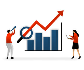 Wall Mural - business and promotion of vector illustration. SEO logo, analyze and search for keywords and determine sales growth targets, charts with stable and increasing growth.flat character style