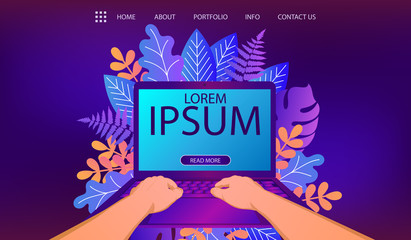 Wall Mural - Hands working on laptop with blank screen on floral background in trendy style and bright vibrant gradient colors. Illustration for banner, site, lending and social network covers