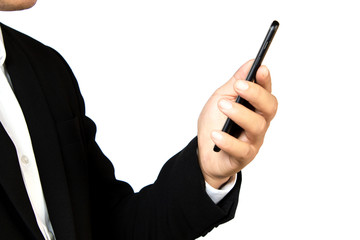 Wall Mural - Male hand holding a  smartphone on white background, business concept.