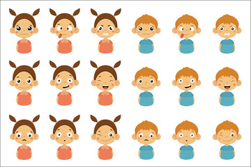 Sticker - Boys and girls with different emotions set, funny faces of little kids vector Illustrations on a white background