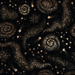 Galaxy seamless black pattern with gold nebula, constellations and stars