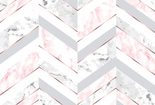 Seamless Abstract Zigzag Geometric Pattern With Rose Gold Lines, Pink And Gray Marble On White Background