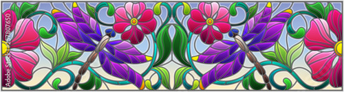 Dekoracja na wymiar  ilustracja-w-stylu-witrazu-z-jasnymi-wazkami-kwiatami-i-liscmi-na-niebiesko
