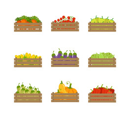 Sticker - Wooden Crates with Farm Vegetables Set, Organic Food, Carrot, Tomato, Pepper, Corn, Eggplant, Farmers Market Design Element Vector Illustration