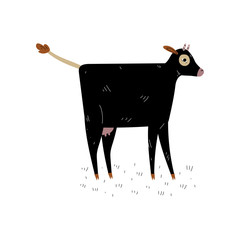 Wall Mural - Black Cow, Side View, Dairy Cattle Animal Husbandry Breeding Vector Illustration