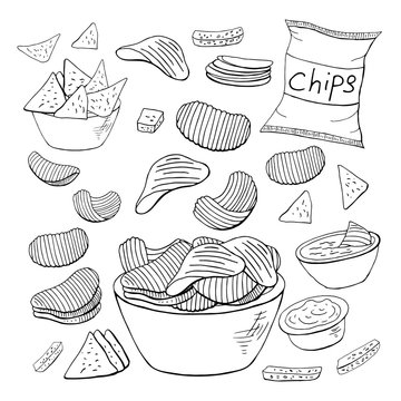 outline chips collection on white background. vector different chips