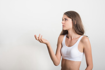 Wall Mural - Beautiful woman with healthy body on white background