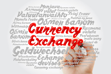 Currency Exchange word cloud in different languages, business concept background with marker