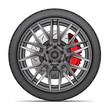 Realistic wheel alloy with tire radial and break disk for sport racing car on white background vector illustration.