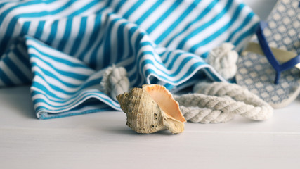 Wall Mural - Blue beach bag with ocean seashell on white wooden background  with copy space. Concept for summer times and vacation at sea.