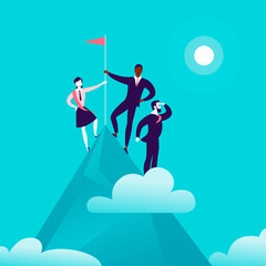 Flat illustration with business people standing on mountain peak top holding flag on blue clouded sky background. Victory, achievement, reaching aim, partnership, motivation, leader - metaphor.