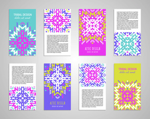 Aztec colorful hand-drawn ornamental card template. American indian leaflet design. Tribal decorative pattern. Ethnic ornate background. Vintage style flyer. EPS 10 vector brochure set.