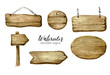 © redboxart - Watercolor wooden sign boards and arrows set. Handpainted collection watercolor wood planks clipart. Rustic illustration. Template for blog, lettering, poster, invitation.
