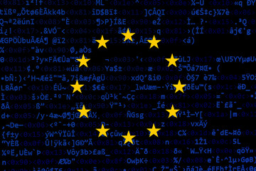 source code of software with errors and overlaid eu flag. illustration by european copyright law, eu