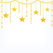 Card  template with hanging yellow gold stars, shiny beads  isolated on white background with copyspace for your text