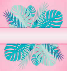 Wall Mural - Various turquoise blue tropical leaves with copy space for your design on pastel pink background. Creative layout