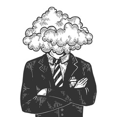 cloud head businessman sketch engraving vector illustration. scratch board style imitation. black an