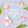Happy Mothers Day. Spring holiday design template with pink tulip white gift box and paper hearts on blue background.