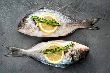 two fresh raw Dorado fish with spices and olive oil on a stone background.