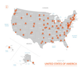 Wall Mural - stylized vector united states of america (usa) map showing big cities, capital washington d.c., admi