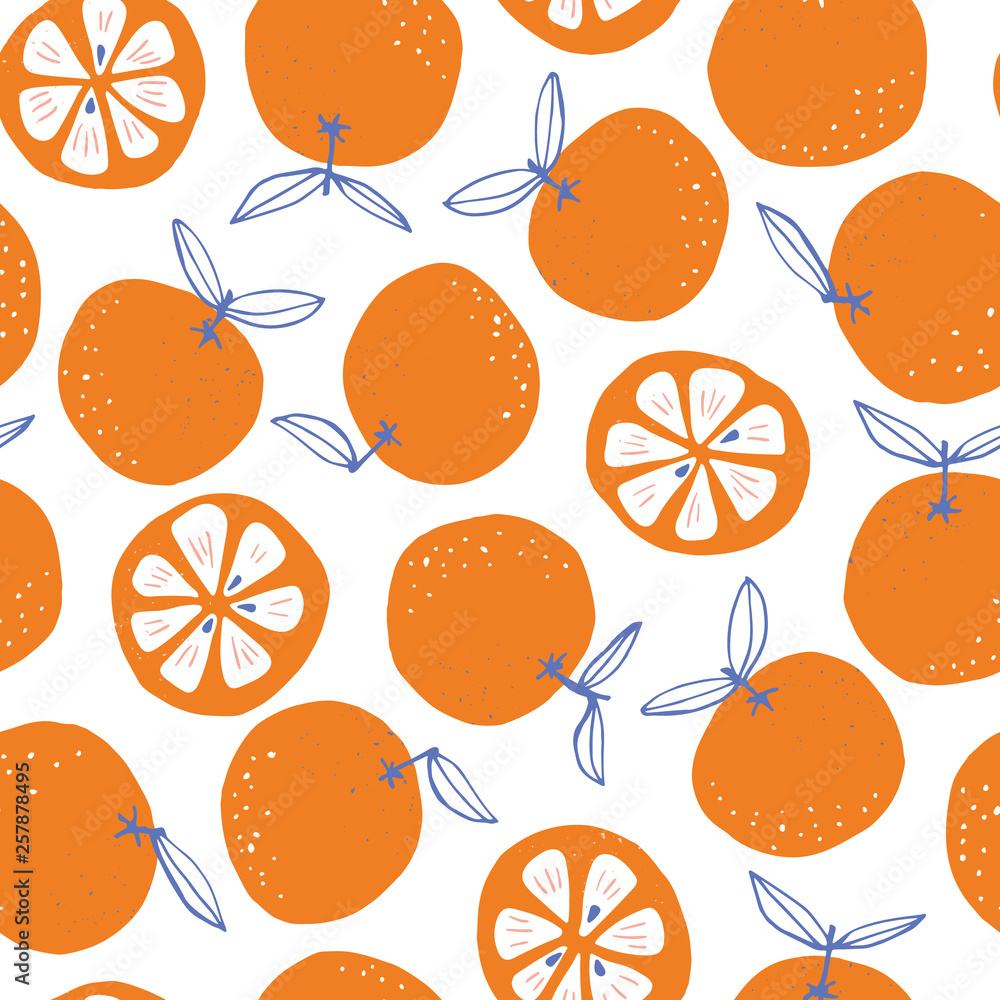 Whimsical colorful hand-drawn abstract doodle oranges vector seamless ...