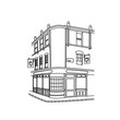 Continuous line hand drawing of a street corner with buildings and restaurant. Vector illustration. 