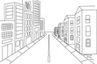 Street view with building in perspective. Single line vector illustration. 