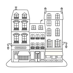  Line art style illustration of a street with three buildings and shops. Paris inspiration. 