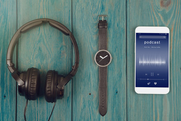 Listen podcast online concept - online music player app on smartphone