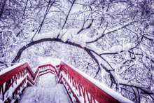Japanese Red Bridge With Snow In The Pond During Winter