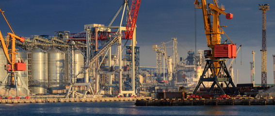 Wall Mural - Lifting cargo cranes, ships and grain dryer in Sea Port of Odessa, Black Sea, Ukraine