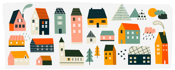 various small tiny houses, trees and mountains. paper cut style. flat design. hand drawn trendy illu