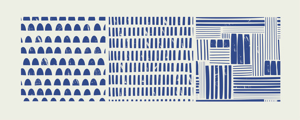 Wall Mural - various lines and shapes. stamp texture. set of three blue and white abstract seamless patterns. han
